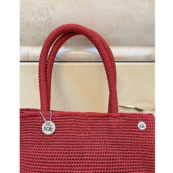 VINTAGE BOHO INDIE RUSTIC COTTAGE CORE THE SAK RED CROCHET HAND BAG TOTE PURSE - Picture 3 of 10